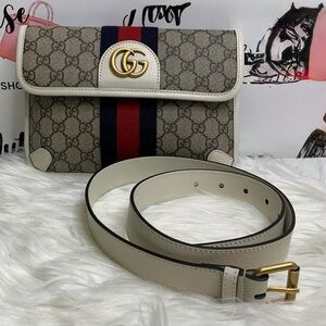 Gucci Beige GG Canvas Shoulder Bag with Navy and Red Stripe